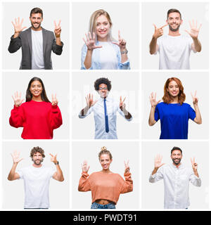 Collage de groupe de jeunes femmes et hommes sur fond isolés montrant et pointant vers le haut avec les doigts numéro sept en souriant et confiant Banque D'Images