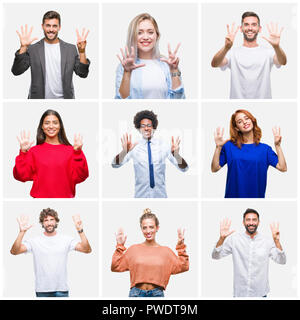 Collage de groupe de jeunes femmes et hommes sur fond isolés montrant et pointant vers le haut avec les doigts le nombre huit en souriant et confiant Banque D'Images