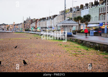 Weymouth. 15 octobre 2018. Les gens sont sortis tôt, se promener le long de la plage de Weymouth en dépit de la pluie continue Crédit : Stuart fretwell/Alamy Live News Banque D'Images