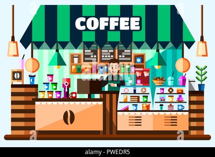 Boutique de café barista avec intérieur debout derrière de comptoir bar avec bouilloire, menu et goodies. Télévision Illustration Illustration de Vecteur