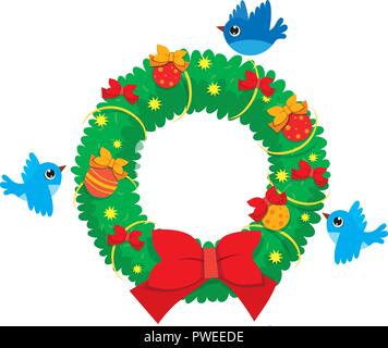 Couronne de Noël vecteur de branches d'épinette avec les oiseaux en plein vol Illustration de Vecteur