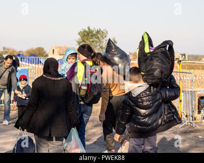 BERKASOVO, SERBIE - 31 octobre 2015 : porter un bébé, entouré par les réfugiés à marcher en direction de la Croatie Serbie, la frontière entre les villes Banque D'Images