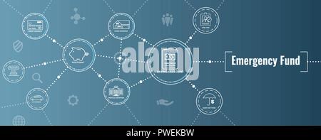 Fonds d'urgence financière des icônes avec parapluie - home ou maison, voiture ou les dommages au véhicule, perte d'emploi / chômage, et de l'hôpital ou les factures médicales Illustration de Vecteur