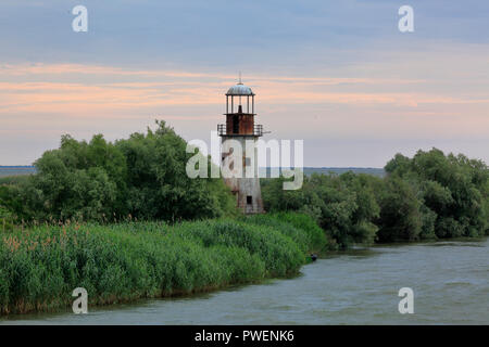 Le comté de Tulcea, Roumanie, Dobroudja, Dobroudja, Réserve de biosphère du delta du Danube, Delta du Danube, delta de rivière, estuaire, embouchure de la rivière du Danube à la mer Noire, l'ancien phare de Sulina Sulina, à la direction générale de la rive du fleuve, rivière paysage, paysage du Danube, UNESCO World Heritage Site, repère naturel Banque D'Images