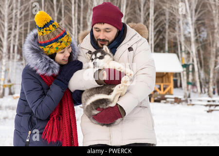 Taille portrait de couple asiatique moderne jouant avec mignon chiot Husky à l'extérieur en hiver, copy space Banque D'Images