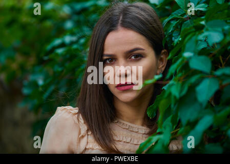 Close up portrait of a young woman leaning on a la clôture en pierres couvertes de feuilles vertes et à la recherche en appareil photo. Banque D'Images