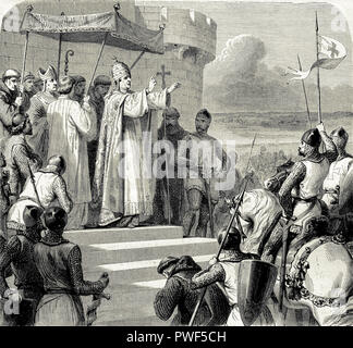 Le pape Urbain II (c.1035-1099) bénédiction des croisés et la prédication de la Première Croisade, environ 1095. 11e siècle. Gravure Banque D'Images