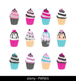 Ensemble de 12 cupcakes mignon isolé sur fond blanc Illustration de Vecteur