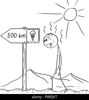 Caricature de l'homme assoiffé de marche à travers le désert et la crème glacée signe trouvé 500 km ou en kilomètres Illustration de Vecteur