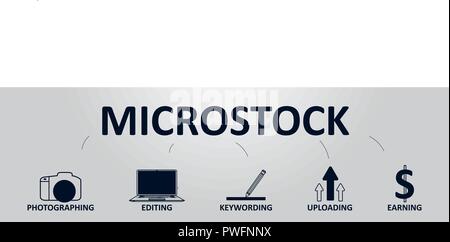 Bannière horizontale Microstock Microstock avec symboles liés et d'icônes. Tournage, Montage, Keywording, téléchargement, etc. Illustration de Vecteur