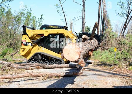 Le s.. Alex Spano, compagnon électrique du 202e de chevalier CAMP BLANDING (Floride) utilise une mini-pour effacer un arbre tombé sur Debi Road dans le Bayou George de la ville de Panama le 14 octobre 2018, 14 octobre 2018. Le chevalier cuivré a été appelé sur pour leur expertise en matière de compensation efficace après l'ouragan Michael est venu à travers. (U.S. Photo de la Garde nationale aérienne par le sergent. Carlynne DeVine). () Banque D'Images