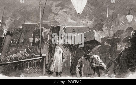 5 heures dans le marché aux poissons de Billingsgate, Londres, Angleterre au xixe siècle. Ce bâtiment du marché a été ouvert en 1877, le poisson a été présenté dans des bateaux pour les ouvrir avant la rivière et s'est posé dans des paniers ou des boîtes, c'était vendu d'abord à la vente en gros et puis le marchands au détail. Photos de Londres, publié en 1890. Banque D'Images