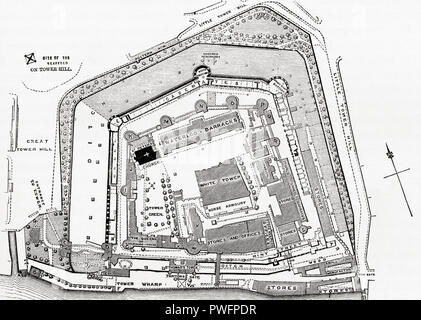 Plan de la Tour de Londres, Londres, Angleterre. A. B. Escaliers Tour maison du gardien C. Milieu Tower by D. E. F. Ivory Tower Guard Queen's Stairs G. Bell Tower I. Beauchamp Tower K. Devereux Tower L. Legge's Mount M. Batterie Tour Silex N. Bowyer Tower tour de briques O. P. Martin Tower Q. ancien gendarme Jewel House R. S. Tour Tour Tour de Sel T. Develin W. Wakefield Tower Tour Sanglante X. Y. PROTECTION PRINCIPALE Z. d'échafaudage sur Tower Site Vert. Photos de Londres, publié en 1890. Banque D'Images