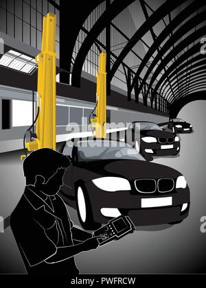 Illustration d'un technicien mécanicien automobile au garage de réparation de voiture Illustration de Vecteur