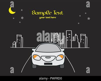 Conduire la voiture dans la ville de nuit dessin animé Illustration de Vecteur