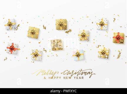 Joyeux Noël carte de vœux. Maison de vacances de Noël, fond boîte-cadeau avec de l'or de guirlandes lumineuses, glitter confetti et golden serpentine. Illustration de Vecteur