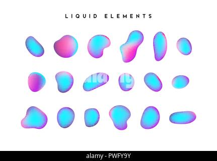 Irisé dégradé de formes. Définir des éléments isolés du caméléon liquide holographique design palette de couleurs chatoyantes. Motif abstrait moderne, couleurs vives et splash de peinture liquide. Illustration de Vecteur