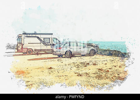 Une aquarelle ou une illustration. Parking sur la rive de l'océan ou sur la mer. Voyager en voiture. L'aventure de la route. Banque D'Images