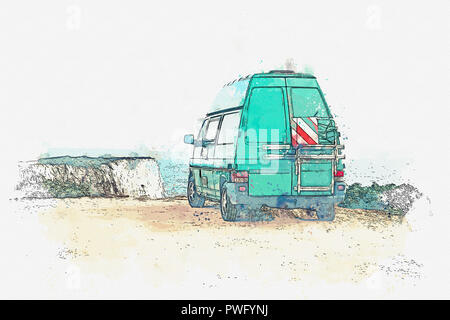 Une aquarelle ou une illustration. Parking sur la rive de l'océan ou sur la mer. Voyager en voiture. L'aventure de la route. Banque D'Images