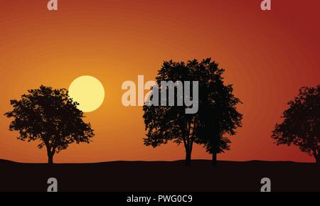 Illustration réaliste avec des silhouettes d'arbres décidus, montant ou coucher de soleil sur matin ou soir Ciel orange - vector Illustration de Vecteur