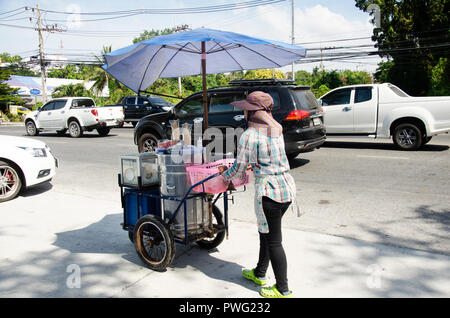 Femme thaïlandaise merchant poussant à vendre panier glace coco local style thaïlandais sur la route au marché de fruits de mer de Ang Sila le 2 janvier 2017 à Chonburi Banque D'Images