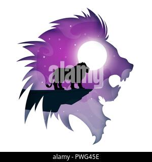 Lion papier dessin animé. Paysage de nuit. Illustration de Vecteur