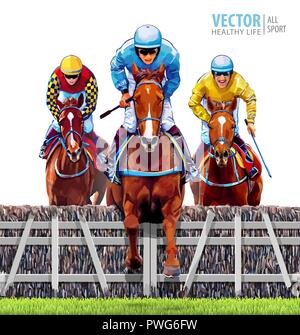 Le sport équestre. Triathlon. Cheval équitation Jockey. Les courses de chevaux. Hippodrome. Hippodrome. Chevaux de course Trio en concurrence les uns avec les autres. Isolé sur fond blanc. Vector illustration. Illustration de Vecteur