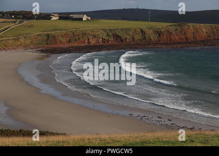 Avis de sable magnifique de Wright, une plage de sable fin, et en courbe. Roeberry sur l'île de South Ronaldsay, une île Orcades en Ecosse, Royaume-Uni. Banque D'Images