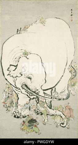 Hommes aveugles l'instruction un éléphant - Donshu Ohara. Banque D'Images