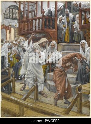 Jésus a le pouvoir d'un homme possédé de la Synagogue (Jésus chasse un possédé de la synagogue) - James Tissot. Banque D'Images
