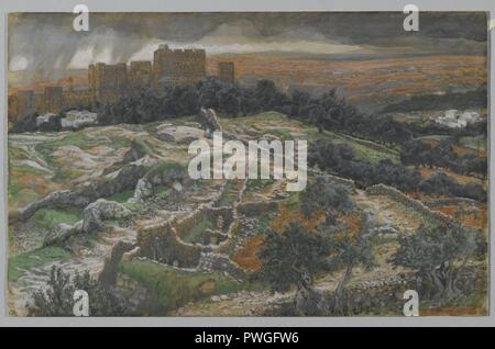 La reconstruction du Golgotha et le Saint Sépulcre vu depuis les remparts de la porte judiciaire - James Tissot. Banque D'Images