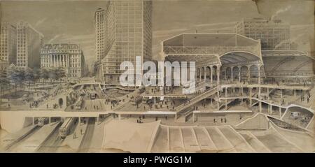 Vue en coupe montrant les installations de circulation du pont de Brooklyn - Harry M. Pettit. Banque D'Images