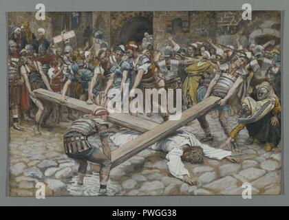 Simon de Cyrène contraint de porter la croix avec Jésus (Simon de Cyrène contraint de porter la croix avec Jésus) - James Tissot. Banque D'Images