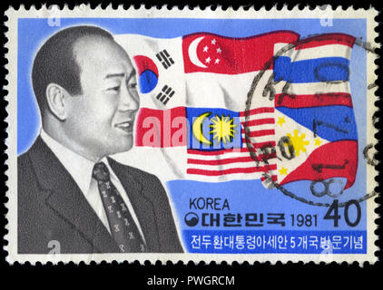 Timbre cachet de la Corée du Sud dans la visite du Président aux pays de l'ASEAN série émise en 1981 Banque D'Images