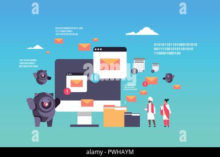 Attaque de spam e-mail spam bot robot spammeur internet application informatique intelligence artificielle concept stratégie d'équipe indiens télévision horizo Illustration de Vecteur