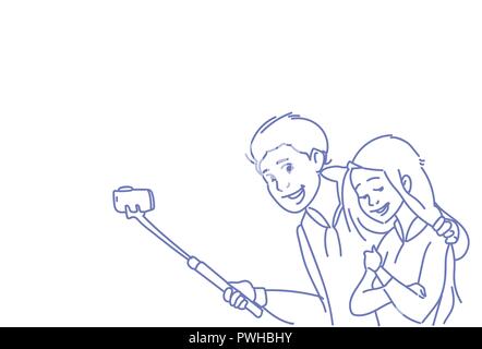 Jeune homme femme couple en tenant l'appareil photo selfies doodle sketch ensemble portrait horizontal vector illustration Illustration de Vecteur