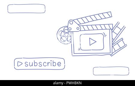 Blog vidéo en ligne caméra blogging flux s'abonner croquis concept illustration vecteur horizontal doodle Illustration de Vecteur