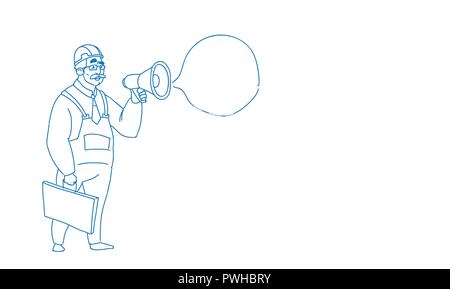 Senior male builder pointing faisant homme annonce construction worker doodle croquis d'illustration vectorielle horizontale Illustration de Vecteur