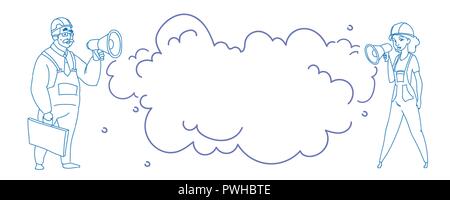 Homme Femme senior couple holding constructeurs de mégaphone annonce homme femme communication concept travailleur de la construction horizontale doodle croquis Illustration de Vecteur