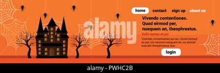 Château de maison hantée spider web heureux halloween concept plate horizontale banner copy space Illustration de Vecteur
