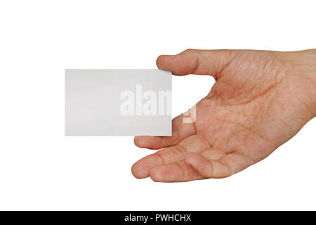 Male hand holding carte de visite. Carte blanche en main mâle isolé sur fond blanc Banque D'Images