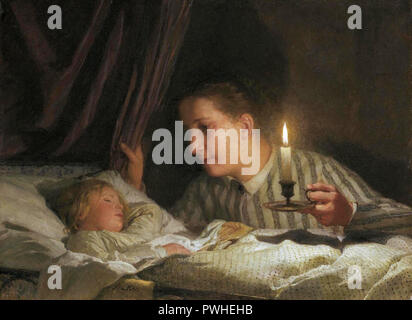 Albert Anker - Junge Mutter Bei Kerzenlicht Ihr Schlafendes Type Betrachtend Banque D'Images
