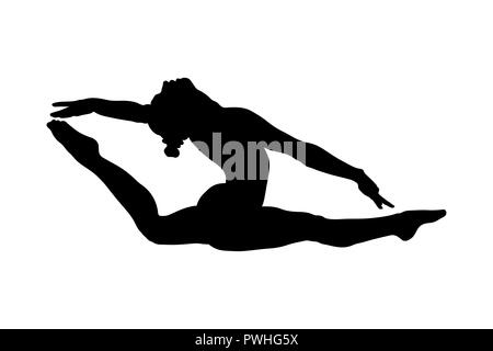 Split leap vraie femme gymnaste silhouette noire Banque D'Images