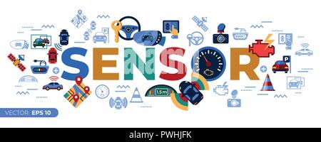 Vecteur numérique aidé Transport et stationnement et système de détection de réseau de communication sans fil collection icons set simple style télévision infographi Illustration de Vecteur