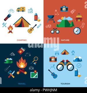 Camping d'été vecteur numérique activités sport icons set simple style collection télévision infographie Illustration de Vecteur