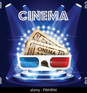 Billets de cinéma et les lunettes 3D sur scène en cercle de lumières - film premiere poster Illustration de Vecteur