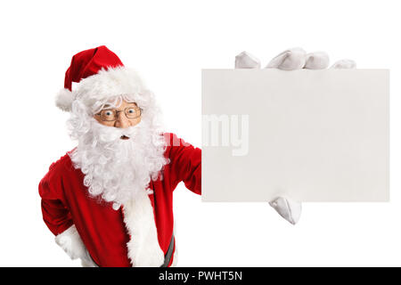 Surpris Santa Claus holding a blank card isolé sur fond blanc Banque D'Images