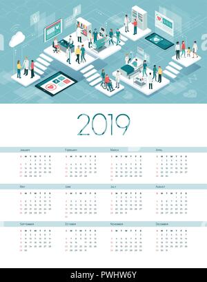 Calendrier 2019 de l'hôpital virtuel : les médecins et les patients dans une clinique de hi-tech futuriste Illustration de Vecteur