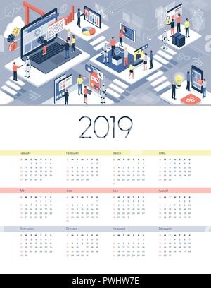 La technologie, l'automatisation et VR 2019 Calendrier : les personnes travaillant avec les périphériques connectés et la technologie innovante Illustration de Vecteur