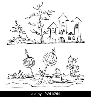 Ensemble d'éléments dessinés à la main, dessin animé de doodle Halloween. Château, arbres, des tombes, des croix, des citrouilles. Dessin en noir et blanc. Doodles isolés Illustration de Vecteur